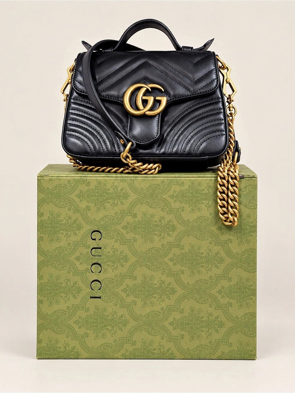 Gucci GG Marmont Matelassé Mini Top Handle Bag Black & Gold